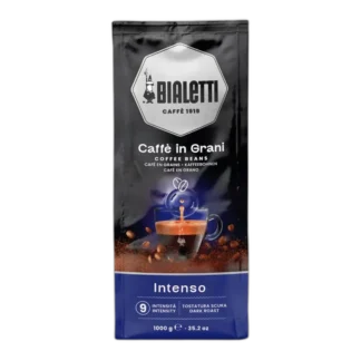 Opakowanie kawy ziarnistej Bialetti Caffè in Grani Intenso o pojemności 1 kg. Czarne opakowanie z logo Bialetti i granatowym akcentem, przedstawiające filiżankę mocnego espresso. Kawa o intensywności 9, ciemny stopień palenia, idealna dla miłośników wyrazistych smaków. Doskonała do ekspresów ciśnieniowych, młynków i metod alternatywnych. Aromat charakteryzujący się nutami czekolady i prażonych orzechów.
