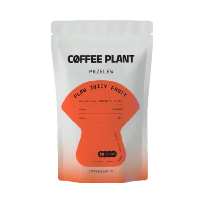 Opakowanie kawy Flow Juicy Fruit marki Coffee Plant, przeznaczonej do metod przelewowych. Pochodzi z Tanzanii i Kenii, charakteryzuje się nutami cytrusów oraz miodu.