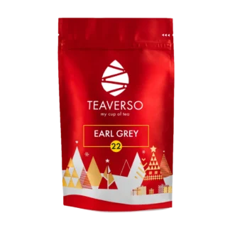 Opakowanie czerwonej herbaty Earl Grey marki Teaverso, ozdobione świątecznymi grafikami w zimowym klimacie, z numerem 22 na froncie.