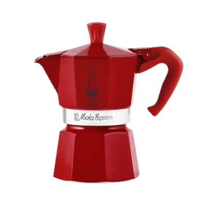 Elegancka czerwona kawiarka Bialetti Moka Express z kolekcji Wonderland, o pojemności 3 filiżanek, z klasycznym logo Bialetti. Idealna do przygotowywania aromatycznej kawy na kuchenkach gazowych i elektrycznych.