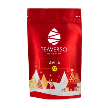 Czerwone opakowanie herbaty Teaverso Avila 87, z zimowym motywem graficznym przedstawiającym choinki i gwiazdy, podkreślającym świąteczny charakter produktu.