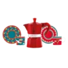 Kolorowy zestaw Bialetti Wonderland, składający się z czerwonej kawiarki Moka Express o pojemności 3 filiżanek oraz dwóch filiżanek z talerzykami, ozdobionych żywymi wzorami inspirowanymi motywami podróży i balonów. Idealny dla miłośników stylowego parzenia kawy