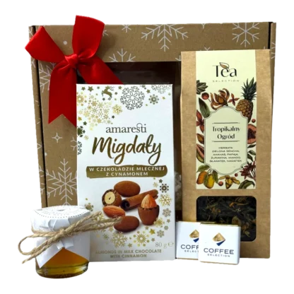 Elegancki zestaw prezentowy zawierający herbatę Tropikalny Ogród (zielona Sencha, ananas, papaja, żurawina, mango, nagietek), migdały w czekoladzie mlecznej z cynamonem Amaresti, słoiczek miodu oraz czekoladki Coffee Selection. Zapakowane w estetyczne pudełko z czerwoną kokardą, idealne na prezent świąteczny.