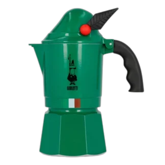 Zielona kawiarka Bialetti Alpina 3tz o pojemności 3 filiżanek, inspirowana stylem Alp. Wykonana z wysokiej jakości aluminium, idealna do przygotowania tradycyjnego włoskiego espresso. Wyposażona w unikalny uchwyt w kształcie pióra i design nawiązujący do włoskiej tradycji. Idealny wybór dla miłośników kawy i estetycznych akcesoriów kuchennych.