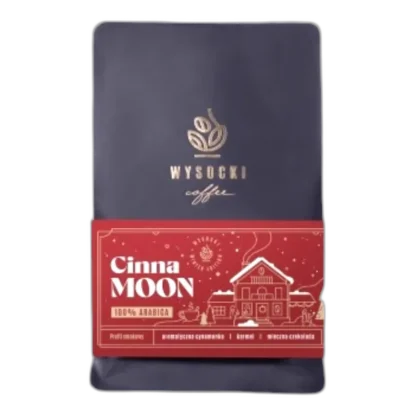 Świąteczna kawa Wysocki Coffee Cinna Moon - 100% Arabica z aromatem cynamonu, karmelu i mlecznej czekolady. Idealna na zimowe poranki i świąteczny czas. Eleganckie opakowanie z czerwonym akcentem.