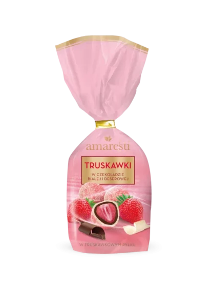Opakowanie 160 g Amaretti Truskawki w Czekoladzie – delikatna biała i deserowa czekolada otaczająca soczyste truskawki, posypane truskawkowym pyłkiem.
