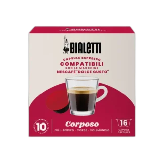 Opakowanie kapsułek Bialetti Corposo, kompatybilnych z ekspresami Nescafé Dolce Gusto. Na froncie filiżanka kawy espresso oraz czerwona kapsułka. Zawiera 16 kapsułek o intensywności 10.
