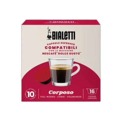 Opakowanie kapsułek Bialetti Corposo, kompatybilnych z ekspresami Nescafé Dolce Gusto. Na froncie filiżanka kawy espresso oraz czerwona kapsułka. Zawiera 16 kapsułek o intensywności 10.