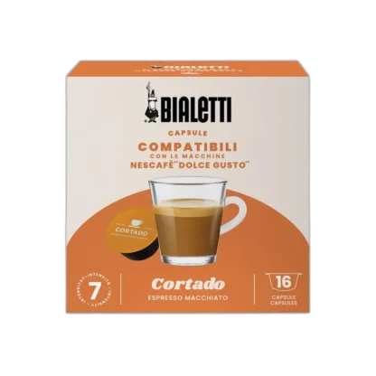 Opakowanie kapsułek Bialetti Cortado, kompatybilnych z ekspresami Nescafé Dolce Gusto. Na froncie filiżanka espresso macchiato oraz pomarańczowa kapsułka. Zawiera 16 kapsułek o intensywności 7.