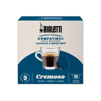 Opakowanie kapsułek kawy Bialetti Cremoso, kompatybilnych z ekspresami Lavazza A Modo Mio. Widać filiżankę espresso z kremową pianką oraz niebieską kapsułkę. Opakowanie zawiera 16 kapsułek o intensywności 9.