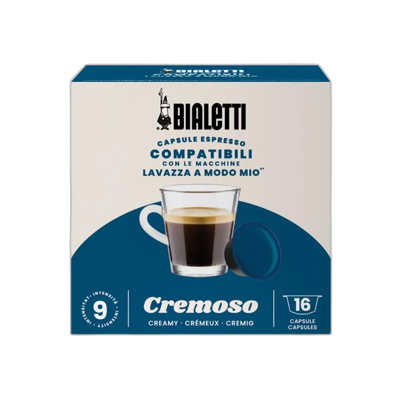 Opakowanie kapsułek kawy Bialetti Cremoso, kompatybilnych z ekspresami Lavazza A Modo Mio. Widać filiżankę espresso z kremową pianką oraz niebieską kapsułkę. Opakowanie zawiera 16 kapsułek o intensywności 9.