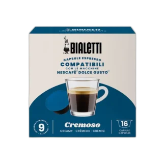 Opakowanie kapsułek Bialetti Cremoso, kompatybilnych z ekspresami Nescafé Dolce Gusto. Na froncie filiżanka kawy espresso oraz niebieska kapsułka. Zawiera 16 kapsułek o intensywności 9.