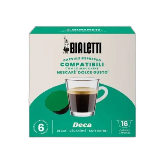 Opakowanie kapsułek Bialetti Deca, kompatybilnych z ekspresami Nescafé Dolce Gusto. Na froncie filiżanka kawy bezkofeinowej oraz zielona kapsułka. Zawiera 16 kapsułek o intensywności 6.