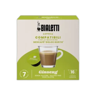 Opakowanie kapsułek kawy Bialetti Ginseng, kompatybilnych z ekspresami Nescafé Dolce Gusto. Na froncie filiżanka kawy z żeń-szeniem oraz zielona kapsułka. Zawiera 16 kapsułek o intensywności 7, bezglutenowe.