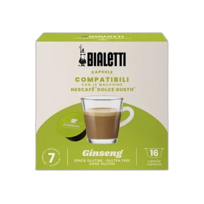 Opakowanie kapsułek kawy Bialetti Ginseng, kompatybilnych z ekspresami Nescafé Dolce Gusto. Na froncie filiżanka kawy z żeń-szeniem oraz zielona kapsułka. Zawiera 16 kapsułek o intensywności 7, bezglutenowe.