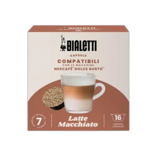 Opakowanie kapsułek kawy Bialetti Latte Macchiato, kompatybilnych z ekspresami Nescafé Dolce Gusto. Na froncie filiżanka z warstwowym Latte Macchiato, obok ozdobna kapsułka. Zawiera 16 kapsułek o intensywności 7.