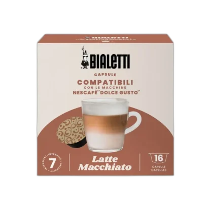 Opakowanie kapsułek kawy Bialetti Latte Macchiato, kompatybilnych z ekspresami Nescafé Dolce Gusto. Na froncie filiżanka z warstwowym Latte Macchiato, obok ozdobna kapsułka. Zawiera 16 kapsułek o intensywności 7.