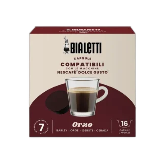 Opakowanie kapsułek Bialetti Orzo, kompatybilnych z ekspresami Nescafé Dolce Gusto. Na froncie filiżanka napoju jęczmiennego oraz brązowa kapsułka. Zawiera 16 kapsułek o intensywności 7.
