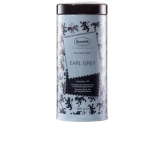 Herbata czarna Ronnefeldt Tea Couture Earl Grey w stylowej błękitnej puszce o pojemności 100 g. Aromatyzowana bergamotką, idealna dla miłośników klasycznych smaków.