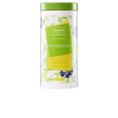 Biała puszka z herbatą Ronnefeldt Tea Couture Morgentau o pojemności 100 g. Delikatna zielona herbata Sencha z Chin, aromatyzowana smakiem mango i cytrusów, idealna na letnie popołudnia.