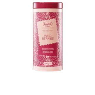 Różowa puszka herbaty Ronnefeldt Tea Couture Wild Berries o pojemności 100 g. Aromatyzowana herbata owocowa z intensywnym smakiem leśnych jagód, idealna na chwilę relaksu.