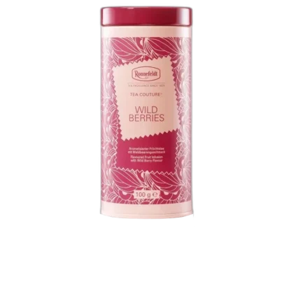 Różowa puszka herbaty Ronnefeldt Tea Couture Wild Berries o pojemności 100 g. Aromatyzowana herbata owocowa z intensywnym smakiem leśnych jagód, idealna na chwilę relaksu.