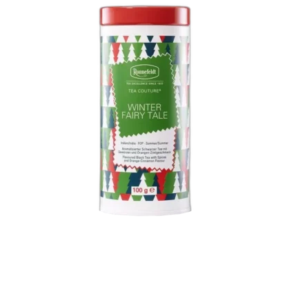 Zimowa puszka herbaty Ronnefeldt Tea Couture Winter Fairy Tale o pojemności 100 g. Aromatyzowana czarna herbata z przyprawami korzennymi oraz smakiem pomarańczy i cynamonu, idealna na zimowe wieczory.