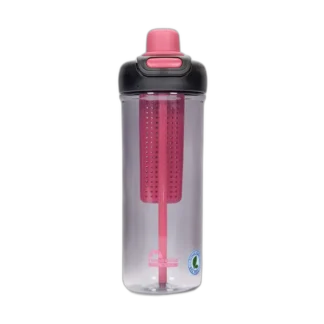 Czarny bidon Majestic Sport Zoya o pojemności 950 ml. Przezroczysty korpus wyposażony w różowy wkład filtrujący umożliwia aromatyzowanie wody owocami lub ziołami. Posiada wygodne, szczelne zamknięcie typu "click-lock" z różowym akcentem oraz ergonomiczny kształt dla lepszego chwytu. Idealny do aktywnego stylu życia, na siłownię, wycieczki lub do codziennego użytku.