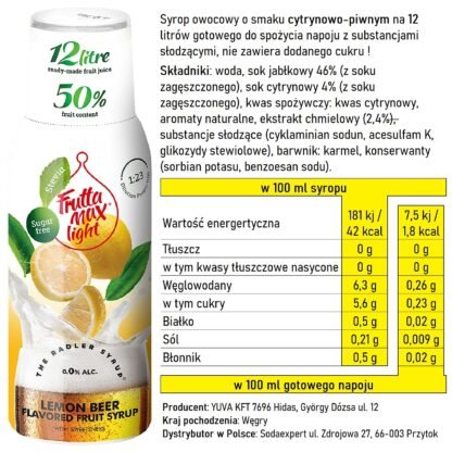 Syrop FruttaMax RADLER CYTRYNOWY Light 500 ml na 12 litrów - obrazek 3