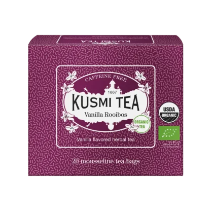 Fioletowe pudełko herbaty Kusmi Tea Vanilla Rooibos z napisem "Caffeine Free" i "Organic Tea." Zawiera herbatę rooibos o smaku waniliowym, w formie 20 piramidek z certyfikatem USDA Organic oraz unijnym certyfikatem ekologicznym. Elegancka grafika z motywem wanilii.