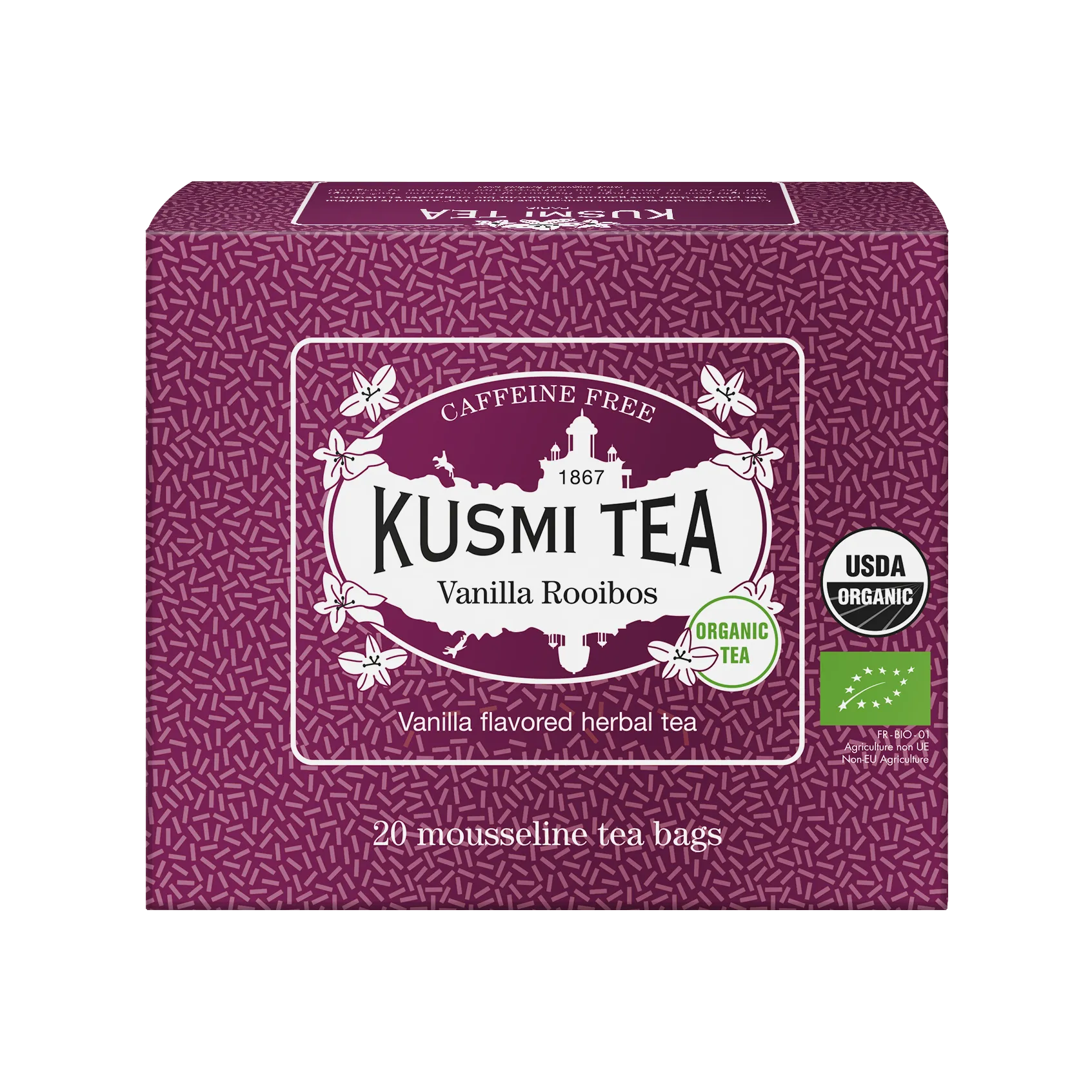 Fioletowe pudełko herbaty Kusmi Tea Vanilla Rooibos z napisem "Caffeine Free" i "Organic Tea." Zawiera herbatę rooibos o smaku waniliowym, w formie 20 piramidek z certyfikatem USDA Organic oraz unijnym certyfikatem ekologicznym. Elegancka grafika z motywem wanilii.