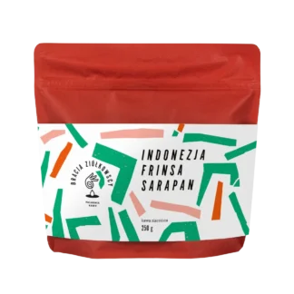 Opakowanie kawy ziarnistej Bracia Ziółkowscy Indonezja Frinsa Sarapan 250g – wyjątkowa kawa specialty pochodząca z Indonezji, wyróżniająca się bogatym smakiem z nutami przypraw, czekolady i owoców tropikalnych. Doskonała do metod alternatywnych i espresso.