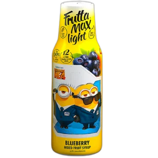 Frutta Max Light Minions Borówka – owocowy syrop o smaku borówki z limitowanej edycji inspirowanej filmem "Despicable Me 4". Zawiera 60% owoców, bez dodatku cukru, słodzony stewią. Idealny do przygotowania 12 litrów napoju. Butelka z grafiką Minionków dodaje uroku każdej kuchni.