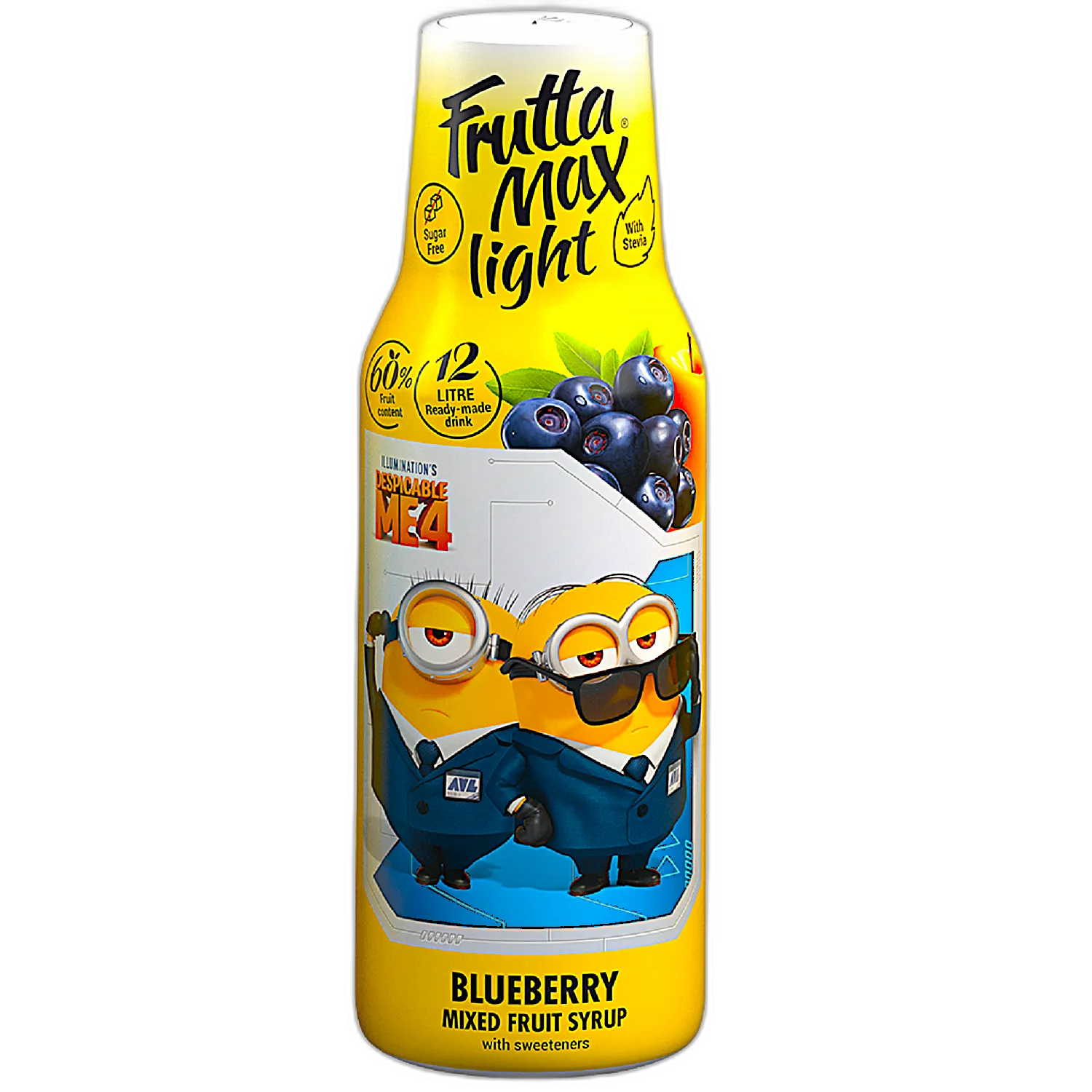 Frutta Max Light Minions Borówka – owocowy syrop o smaku borówki z limitowanej edycji inspirowanej filmem "Despicable Me 4". Zawiera 60% owoców, bez dodatku cukru, słodzony stewią. Idealny do przygotowania 12 litrów napoju. Butelka z grafiką Minionków dodaje uroku każdej kuchni.