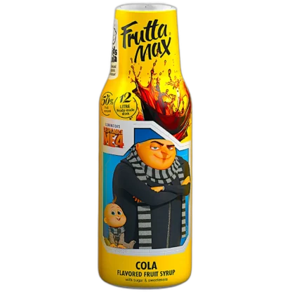 Frutta Max Minions Cola – syrop owocowy o intensywnym smaku coli z limitowanej edycji inspirowanej filmem "Despicable Me 4". Zawiera 50% owoców, idealny do przygotowania 12 litrów napoju. Butelka ozdobiona postacią Gru i małego Agnes sprawia, że produkt jest świetnym wyborem dla fanów Minionków i smakoszy coli.