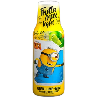 Frutta Max Minions Elder-Lime-Mint – syrop owocowy o orzeźwiającym smaku czarnego bzu, limonki i mięty. Edycja inspirowana filmem "Despicable Me 4" z postacią Minionka na butelce. Zawiera 60% owoców, bez dodatku cukru, słodzony stewią. Idealny do przygotowania 12 litrów napoju dla miłośników lekkich i świeżych smaków.