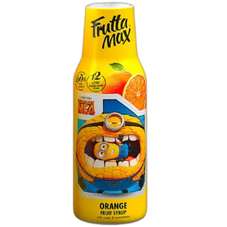 Frutta Max Minions Pomarańcza – syrop owocowy o intensywnym smaku soczystej pomarańczy, zawierający 60% owoców. Umożliwia przygotowanie aż 12 litrów napoju. Wzbogacony cukrem i słodzikami, idealny do rozcieńczania z wodą. Opakowanie ozdobione grafiką Minionka z filmu "Despicable Me 4". Doskonały wybór dla fanów cytrusowych napojów i kreatywnych smaków.