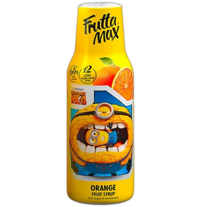 Frutta Max Minions Pomarańcza – syrop owocowy o intensywnym smaku soczystej pomarańczy, zawierający 60% owoców. Umożliwia przygotowanie aż 12 litrów napoju. Wzbogacony cukrem i słodzikami, idealny do rozcieńczania z wodą. Opakowanie ozdobione grafiką Minionka z filmu "Despicable Me 4". Doskonały wybór dla fanów cytrusowych napojów i kreatywnych smaków.