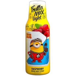 Frutta Max Minions Raspberry Light – syrop owocowy o smaku malin, bez dodatku cukru, słodzony stewią. Zawiera 60% owoców, idealny do przygotowania 12 litrów napoju. Produkt inspirowany filmem "Despicable Me 4", z wizerunkiem Minionka na etykiecie. Doskonały wybór dla osób szukających lekkiej, niskokalorycznej alternatywy do napojów.