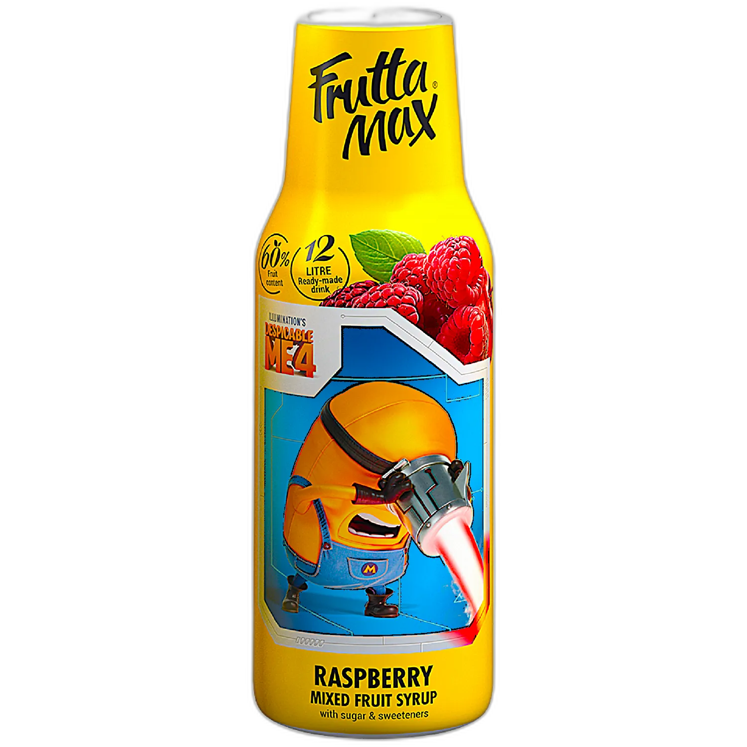 Frutta Max Minions Raspberry – syrop owocowy o intensywnym smaku malin, inspirowany filmem "Despicable Me 4". Zawiera 60% owoców, wzbogacony cukrem i słodzikami, idealny do przygotowania 12 litrów napoju. Na etykiecie znajduje się postać Minionka, co sprawia, że produkt jest atrakcyjny zarówno dla dzieci, jak i dorosłych.