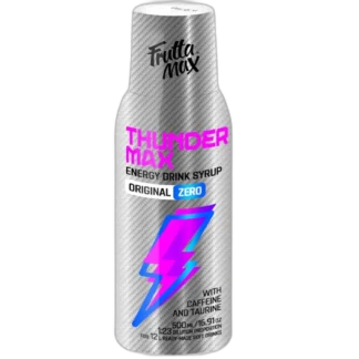 Frutta Max Thunder Max Zero – syrop energetyczny bez cukru o intensywnym smaku. Zawiera kofeinę i taurynę, idealny do przygotowania napoju energetycznego w proporcji 1:23. Butelka 500 ml wystarcza na 12 litrów gotowego napoju.