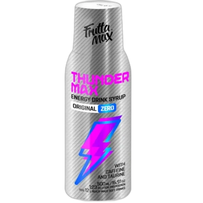 Frutta Max Thunder Max Zero – syrop energetyczny bez cukru o intensywnym smaku. Zawiera kofeinę i taurynę, idealny do przygotowania napoju energetycznego w proporcji 1:23. Butelka 500 ml wystarcza na 12 litrów gotowego napoju.