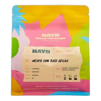 Opakowanie kawy speciality HAYB Mexico Don Rafa Geisha z regionu Chiapas, wyróżniającej się nutami winogron, rumianku i białej porzeczki. Żywa, kolorowa grafika opakowania odzwierciedla wyjątkowy charakter tej mytej odmiany Geisha, wypalanej w Warszawie.