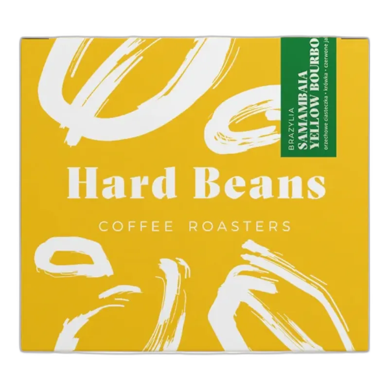 Żółte opakowanie kawy Hard Beans Brazylia Samambaia Yellow Bourbon 250 g z białymi wzorami i zieloną etykietą, oferowane w sklepie z kawą specialty