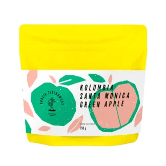 Kawa ziarnista Bracia Ziółkowscy Kolumbia Santa Monica Green Apple 150g o nutach zielonego jabłka i świeżej owocowości, zamknięta w żywej, żółtej paczce. Produkt dostępny do kupienia w sklepie z kawą.