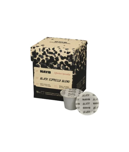 Kompostowalne kapsułki do Nespresso® Hayb Black Espresso Blend o profilu smakowym ciemnej czekolady, orzecha włoskiego i melasy. Produkt dostępny do kupienia w sklepie z kawą.