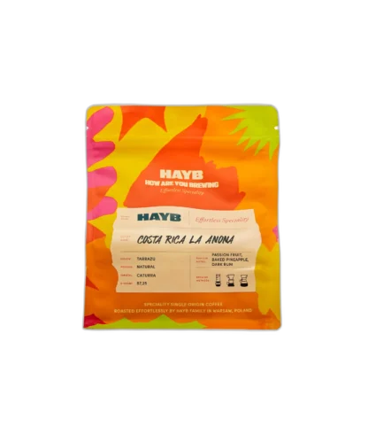 Hayb Costa Rica La Anona 250 g – kawa ziarnista z regionu Tarrazú, obróbka naturalna, odmiana Caturra, nuty marakui, pieczonego ananasa i ciemnego rumu, kolorowe opakowanie.