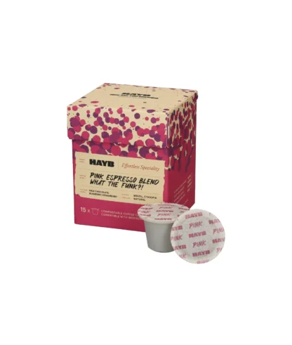 Kompostowalne kapsułki do Nespresso® Hayb Pink Espresso Blend – What The Funk?! z nutami mlecznej czekolady, borówki i truskawki. Produkt dostępny do kupienia w sklepie z kawą.