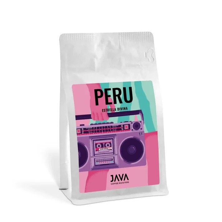 Kawa Java Coffee Peru Estrella Divina Washed Espresso 250g – peruwiańska kawa specialty o wyrazistym smaku i delikatnej kwasowości, obrobiona metodą mytą, idealna do espresso. Białe opakowanie z kolorową grafiką przedstawiającą retro boomboxa. Produkt dostępny do kupienia w sklepie z kawą.