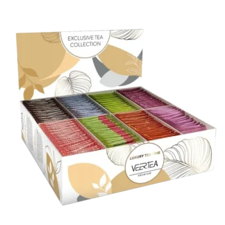 Zestaw ekskluzywnych herbat Veertea w eleganckim, beżowym pudełku z 200 torebkami w różnych smakach i kolorach, idealny do serwowania w biurze lub kawiarni. Produkt dostępny do kupienia w sklepie z kawą.
